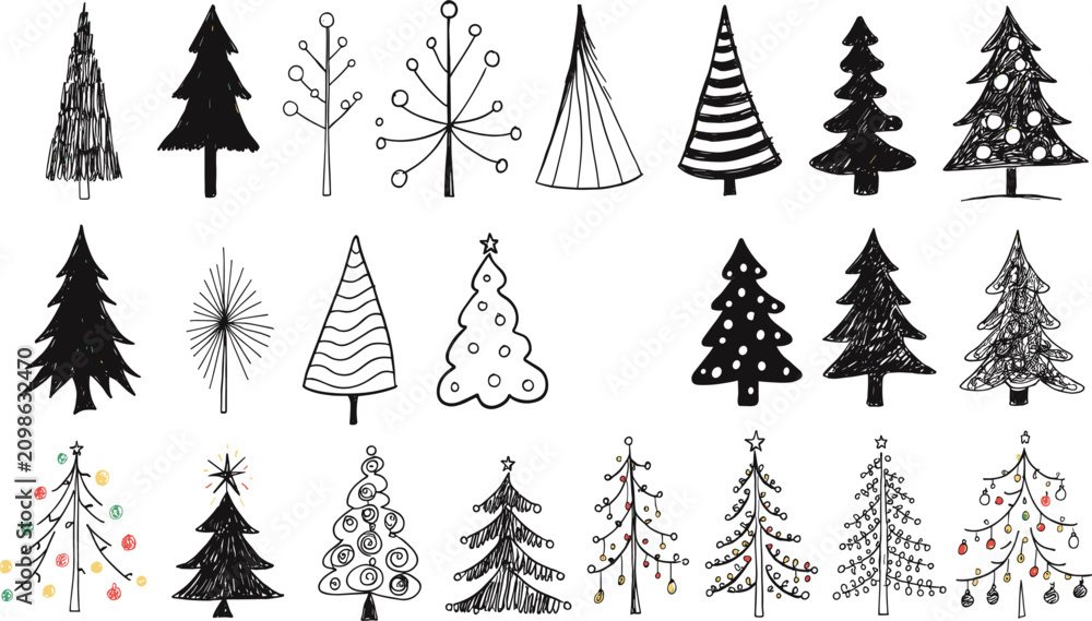 Obraz premium Diverse Hand Drawn Christmas Trees in a Simple Pattern with Festive Decorations and Abstract Styles