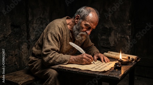 Divine ink in the shadows: The elderly Apostle Paul intensely drafting his sacred New Testament epistles by the dim light of an oil lamp in a cold Roman prison cell.