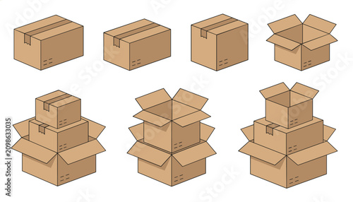 Set of various cardboard boxes in different shapes and stacks isolated on a white background for packaging.