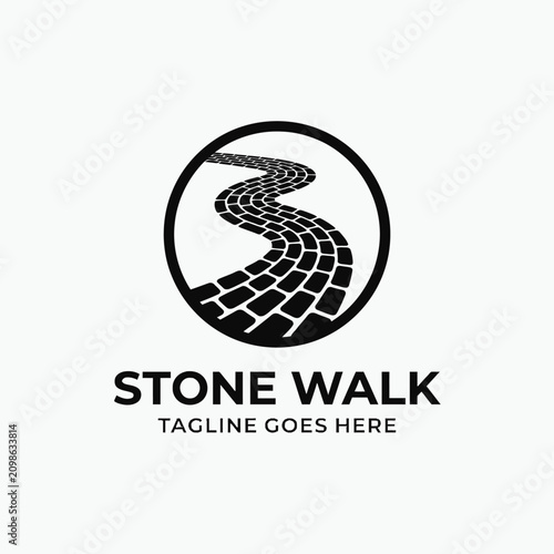 Circular icon showing a winding stone walkway. Professional branding for garden design and paving services.