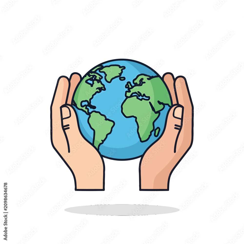 Fototapeta premium Two human hands gently holding a stylized globe of the planet