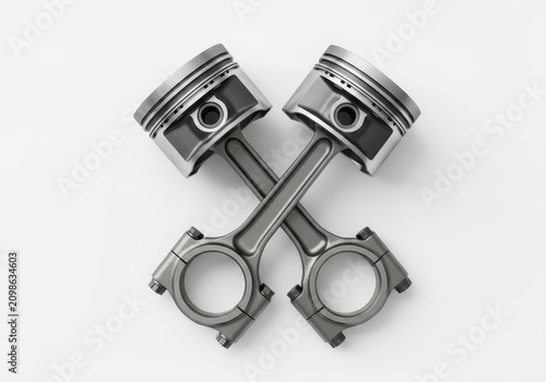 Two Crossed Engine Pistons with Connecting Rods Isolated on White Background - Automotive Performance Concept