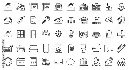 Real estate and home property line icon vector images set with houses keys rent signs documents garages smart security and interior furniture symbols.