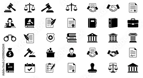 Legal system justice court house and law enforcement vector images set presenting judge gavel scale of justice contract handshake and police badge icons