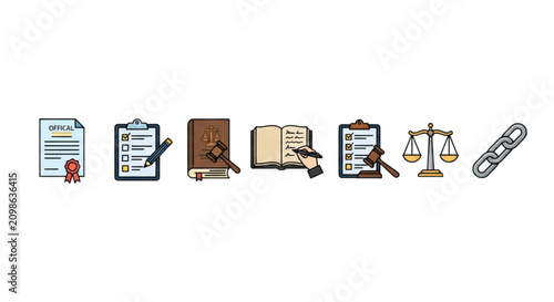 Detailed legal justice and regulatory compliance vector images set highlighting official certificate seals, checklist audits, law books, scales of justice, and bonds.