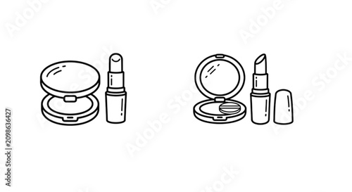 Bild auf Leinwand Elegant beauty cosmetics and makeup routine line art vector images set featuring a compact powder mirror case and opened lipstick tube