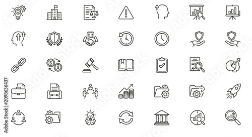 Extensive corporate business management and legal compliance vector images set featuring analytics, strategic growth, team meeting, contracts, risk warnings, and launch rockets.