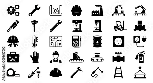 Slika na platnu Industrial manufacturing vector images set featuring heavy machinery construction tools, engineering equipment, factory production line symbols, safety gear, and hardware icons