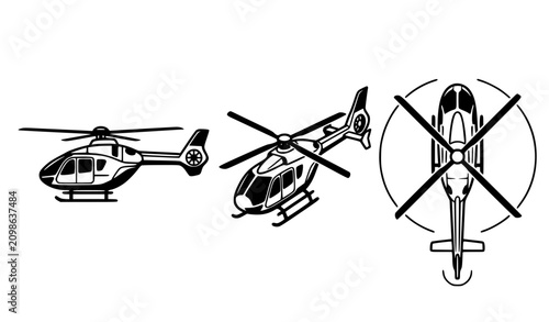 Canvastavla Black and white helicopter vector set with three modern rotary wing aircraft iso