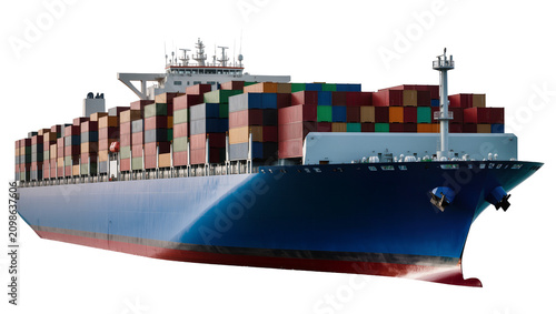 Принти на полотні Massive cargo ship loaded with colorful containers, isolated on transparent back