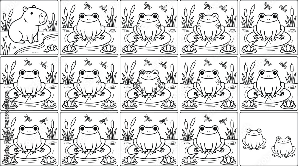 Fototapeta premium Find the Odd One Out Activity Page Vector Line Art Featuring Cute Capybara and Frogs on Lily Pads Puzzle