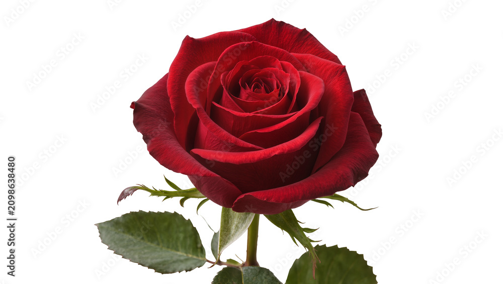 Fototapeta premium Deep red rose with green leaves, isolated on transparent background
