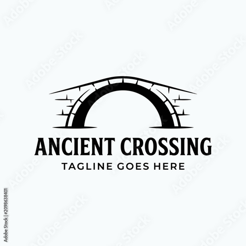 Minimalist black and white illustration of a classic stone arch bridge for historical or architectural branding.