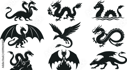 Photos Mythical Dragon Silhouette Vector Set Featuring Three Headed Hydras Flying Serpe
