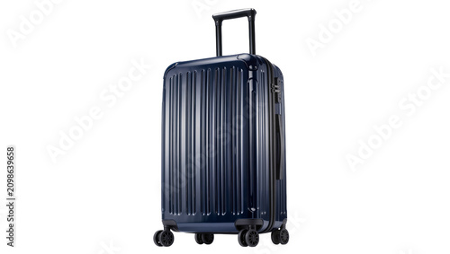 Konstfotografi Shiny dark blue ribbed suitcase with telescopic handle and wheels, isolated on t