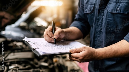 Mechanic holding clipboard and pen inspecting car engine bay during vehicle maintenance check