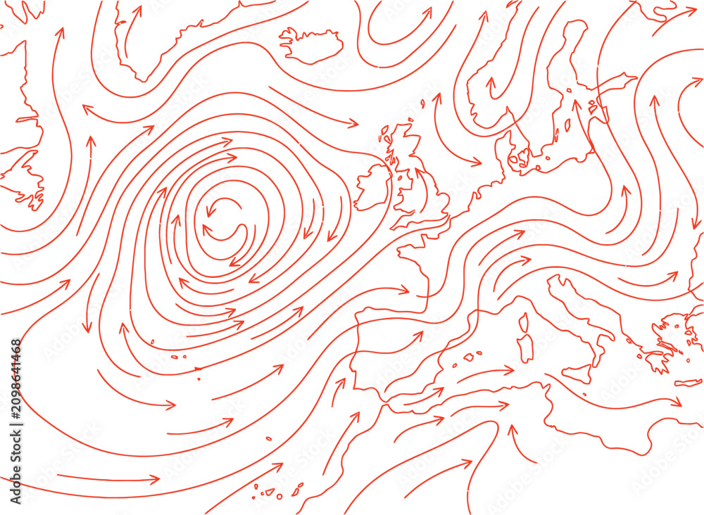 Obraz premium Minimalist Weather Map With Stylized Wind Flow Vector Arrows And Isobar Curves Vector Line Art Slate red Color Isolated On White Background Graphic