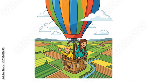 Two sisters riding in colorful hot air balloon over countryside fields during scenic morning tour