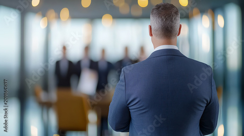 A professional man in a suit stands confidently before a team meeting, embodying leadership and decision-making in a corporate setting.