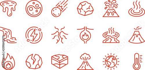 Canvas Print Detailed collection of red line art vector icons representing various geological