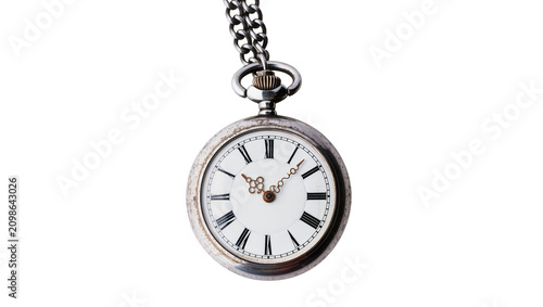 Fotografie Antique silver pocket watch with chain Roman numerals, isolated on transparent b