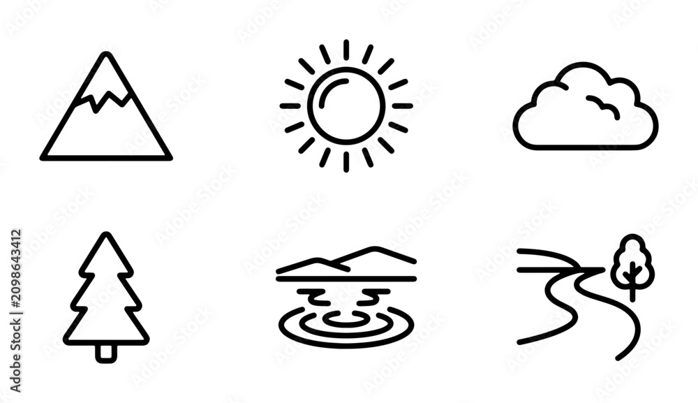 Fototapeta premium Minimalist Nature Icons Set, Landscape Elements Collection, Outdoor Scene Symbols, Simple Mountain, Sun, Cloud, Tree, Water, River Vector Graphics