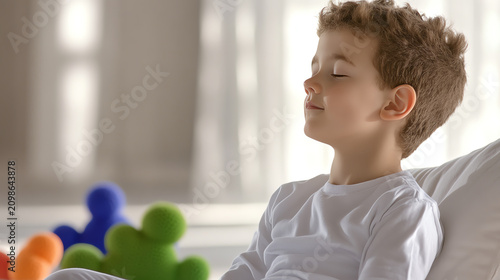 A young boy sits peacefully with his eyes closed, conveying calmness and relaxation in a bright room filled with colorful toys.