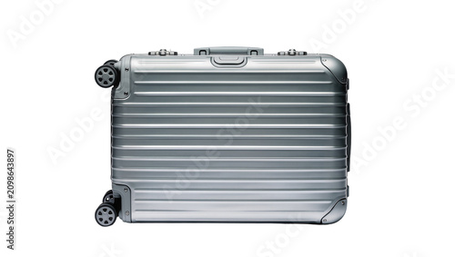Photography Silver aluminum grooved suitcase with four wheels, isolated on transparent backg