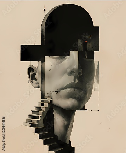 Fragmented Face With Staircase and Doorway