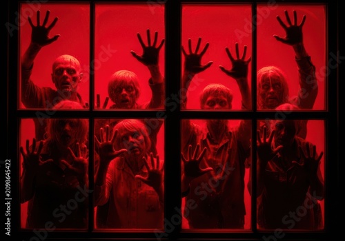 Creepy group of zombies pressing against window