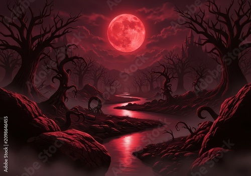 Spooky dark fantasy landscape with blood moon digital art