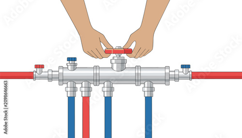 Hands turning red valve on silver pipe manifold connecting blue and red water supply tubes.