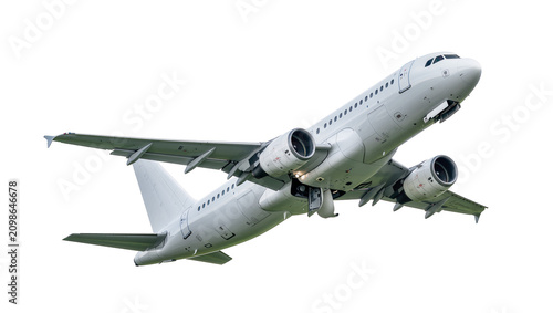 White commercial jet airplane with dual engines, isolated on transparent background