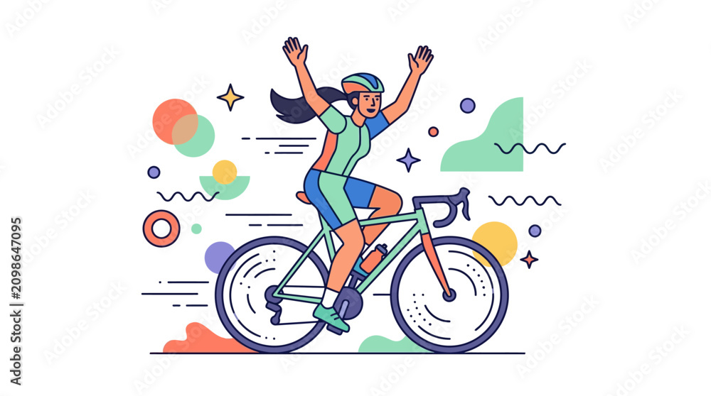 Fototapeta premium Woman riding bicycle with arms raised in celebration surrounded by colorful abstract shapes and symbols