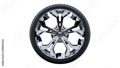Photos Shiny chrome alloy car wheel with black tire, isolated on transparent background