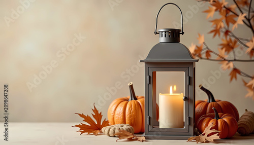 Autumn decoration with a lantern and pumpkins on a neutral background