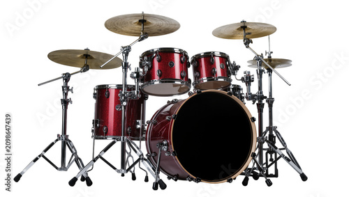 Tableau sur toile Red metallic drum kit with cymbals and stands, isolated on transparent backgroun