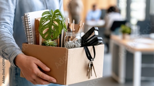 Person holding cardboard box filled with office supplies in a workspace