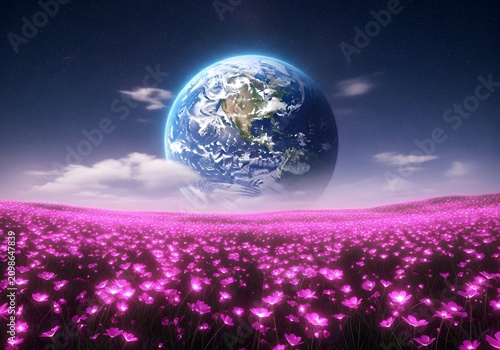 Surreal landscape featuring planet Earth rising above a meadow of luminous pink blossoms at night.