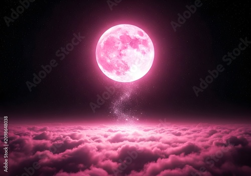 Surreal glowing pink full moon rising above soft pink clouds under a starry night sky