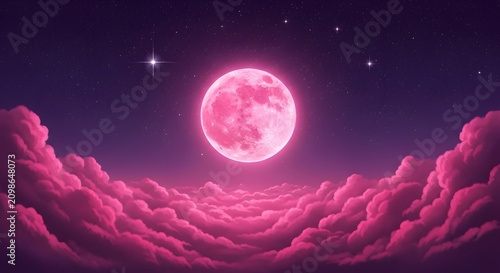 Vibrant pink full moon illuminates fluffy clouds in a magical starry night sky fantasy landscape.