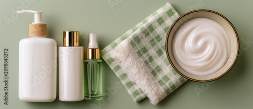 Skincare Routine Essentials: A curated collection of cosmetic products, including lotion bottles, serum dropper, and a bowl of cream, neatly arranged with a folded towel.