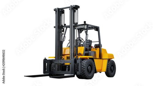 Foto Yellow industrial forklift truck with black metal mast and forks, isolated on tr