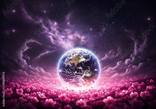 Surreal illustration of Earth globe shining in a garden of pink blossoms under starry nebula.