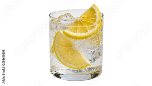 Bild auf Leinwand Clear carbonated beverage with ice cubes and lemon slices, isolated on transpare