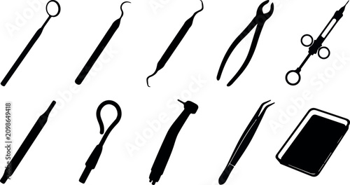 Quadro su tela Dental instrument silhouette collection black and white vector illustration for