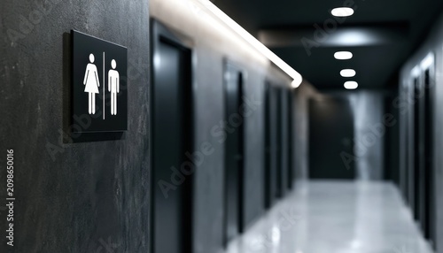 Public restroom sign displaying gender symbols in a dimly lit hallway