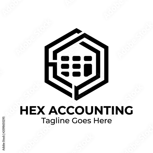 Professional hex shape symbol combining data grids and accounting motifs for financial services.