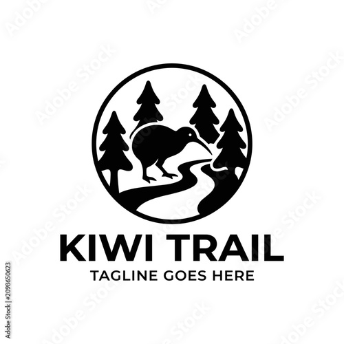 Circular nature emblem featuring a New Zealand kiwi bird for outdoor adventure.