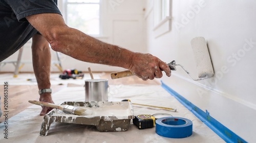 Painter Applying Paint Along Wall Edge with Roller During Interior Renovation
